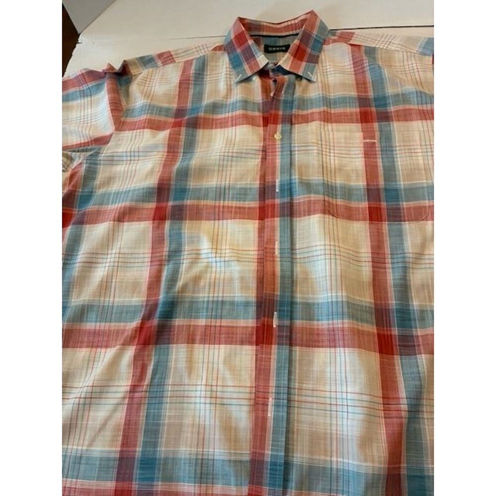 Orvis Mens XXL Plaid Short Sleeve Button Down Shirt Red Blue Cotton Casual